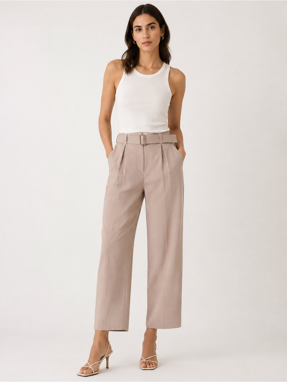 A.L.C. Women’s Size 6 Wide-Leg Pleated Trousers with D-Ring Belt – Taupe